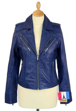 Zoe - Retro 70s Indie Leather Biker Jacket (Navy)